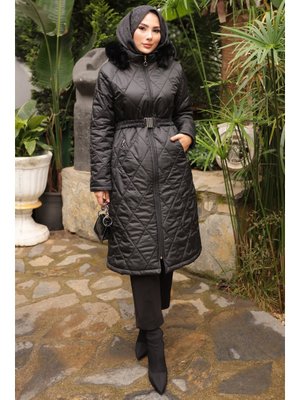 İmaj Butik Siyah Kapüşonlu Fermuarlı Kapitone Mont