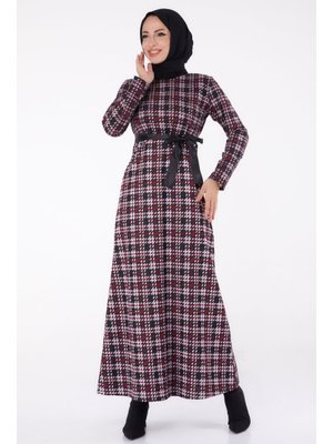 Tofisa Bordo Kazayağı Desenli Kuşaklı Elbise