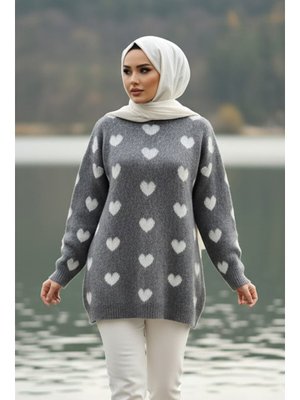 Neva Style Kalp Desenli Füme Triko Kazak Tunik 8688fu