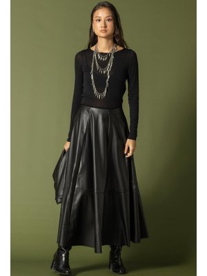 Olcay Siyah Parçalı Kloş Deri Etek