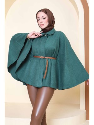 Tofisa Zumrut Tek Düğmeli Kemerli Kaşe Panço Zümrüt