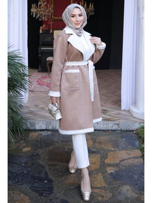 İmaj Butik Vizon Kruvaze Yaka İçi Kürklü Süet Kaban