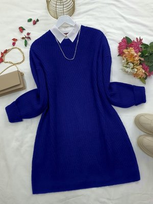 Podyumplus Saks Bisiklet Yaka Baklava Desen Triko Kazak