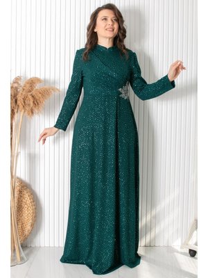 MODAVİKİ Yeşil Simli Taş Baskı Detaylı Abiye