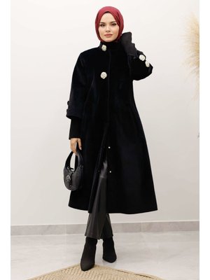Tesettür Dünyası Siyah Kol Ucu Triko Detaylı Angora Fox Kaban