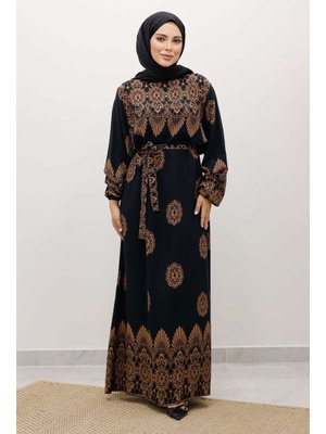 Tesettür Dünyası Siyah Çini Desenli Viskon Elbise