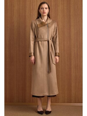 Olcay Devrik Yaka Fermuar Kapamalı Deri Garnili Süet Görünümlü Kap A.kamel