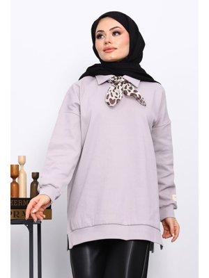 İmaj Butik Gri Fular Detaylı Yakalı Tunik