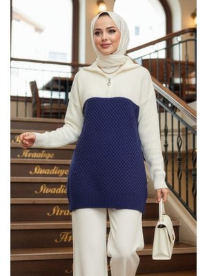 Neva Style Blok Renkli İndigo Mavisi Triko Kazak Tunik 87501ım