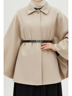 İmaj Butik Bej Kemerli Kaşe Panço