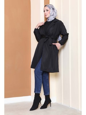 Tofisa Sıyah Siyah Kuşaklı Kolu Lastikli Miranda Trençkot
