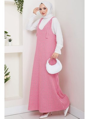 Hafsa Mina Pembe Kaz Ayağı Desen Jile Elbise