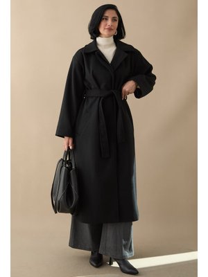 InStyle Astarlı Gizli Patlı Kuşaklı Siyah Kaşe Kaban