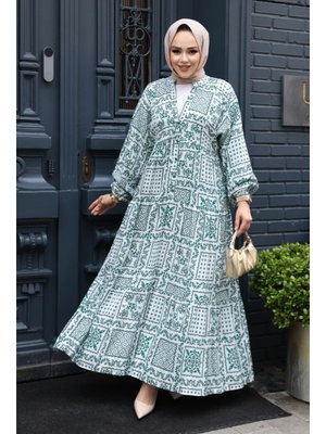 Neva Style Desenli Yeşil Elbise 23587y