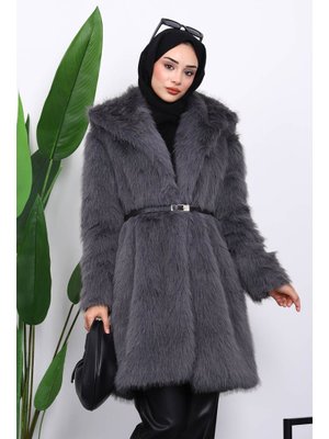 İmaj Butik Füme Kemerli Astarlı Kürk Kaban