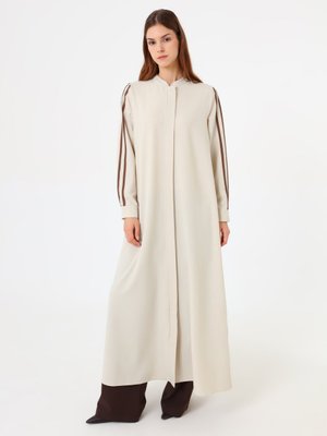 Refka Krep Kumaşlı Çizgili Şerit Detaylı Kap / Pardesü Tas Rengi Krem