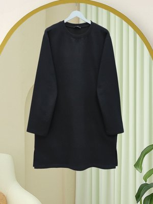 Podyumplus Siyah Yuvarlak Yaka Yırtmaçlı Salaş Penye Tunik