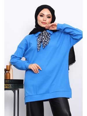 İmaj Butik Saks Mavi Fular Detaylı Yakalı Tunik