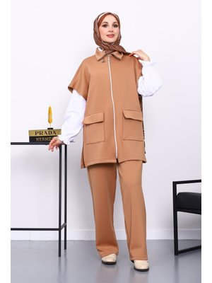 İmaj Butik Taba Fermuarlı Yelek Pantolonlu Scuba Takım