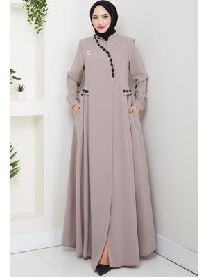 Hafsa Mina Bej Broşlu Büyük Beden Ferace