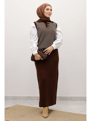 Tesettür Dünyası Kahverengi Çizgili Triko Süveter