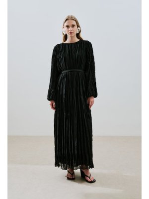 MANUKA Siyah Piliseli Şifon Elbise