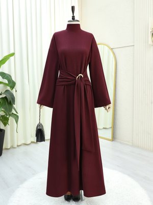 Podyumplus Mürdüm Dik Yaka Tokalı Bağcıklı Uzun Selanik Elbise