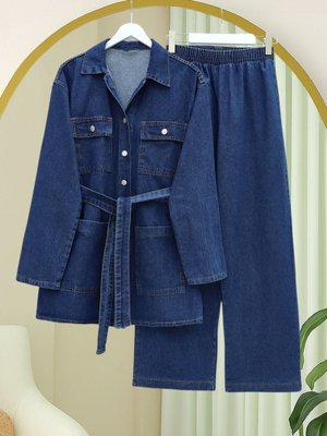 Podyumplus İndigo Beli Kemerli Cepli Önü Düğmeli Kot Takım