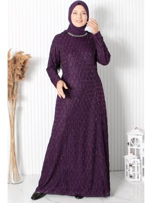 MODAVİKİ Mürdüm Taş İşleme Detaylı Simli Abiye