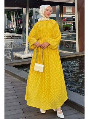 Neva Style Desenli Hardal Elbise 14291hr