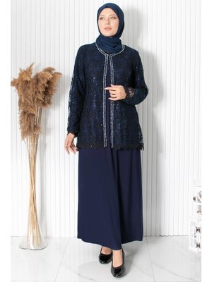 MODAVİKİ Lacivert Dantelli Pul Payet Detay Abiye