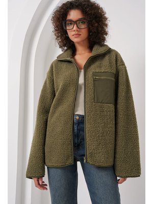 Bigdart Haki Fermuarlı Oversize Peluş Ceket Mont