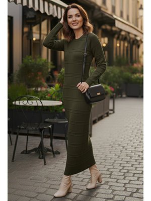 Benguen Haki Desenli Uzun Triko Elbise