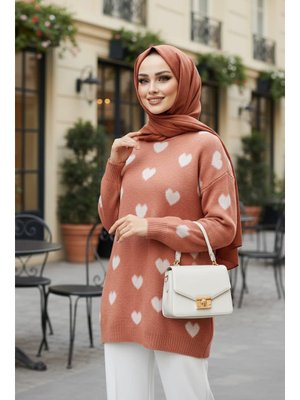 Neva Style Kalp Desenli Somon Triko Kazak Tunik 8688smn