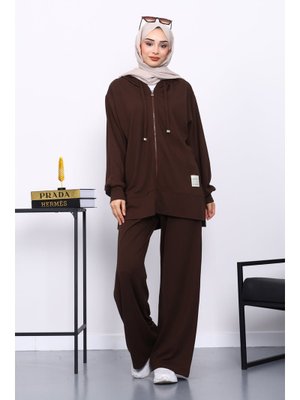 İmaj Butik Kahverengi Fermuarlı Tunik Pantolonlu Takım