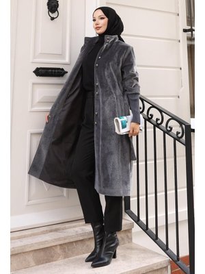 MISSVALLE Gri Broş Detaylı Kaban