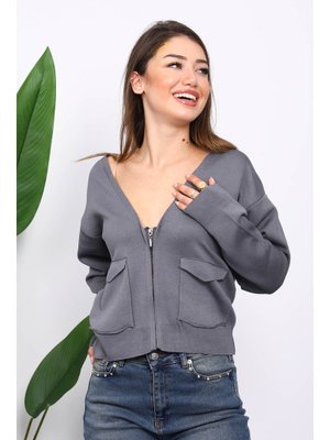 İmaj Butik Füme Çift Cepli Fermuarlı Triko Hırka