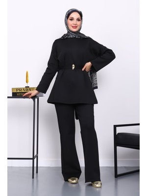 İmaj Butik Siyah Kemerli Tunik Pantolonlu Scuba Takım