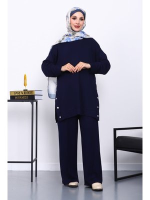 İmaj Butik Lacivert Bisiklet Yaka Çıtçıt Detaylı Modal Takım