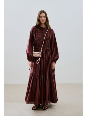 MANUKA Bordo Büzgülü Uzun Kol Elbise