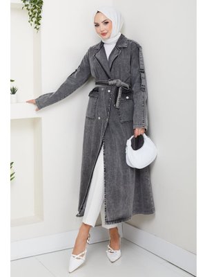 Harmatime butik Cepli Kuşaklı Denim Koyu Gri Trençkot