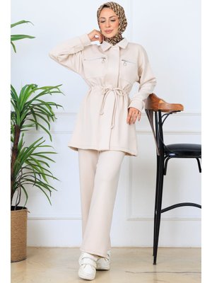 Benguen Taş Rengi Beli Büzgülü Fermuarlı Scuba Takım