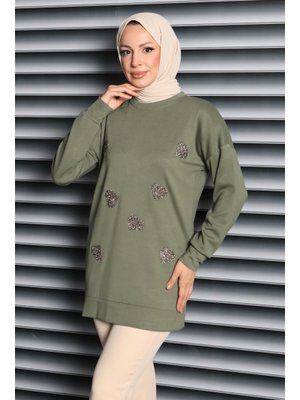 Tofisa Hakı Haki Kalp Taşlı İşlemeli Modal Tunik