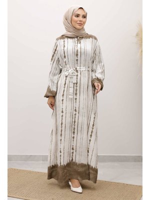 Tesettür Dünyası Vizon Batik Desenli Viskon Elbise