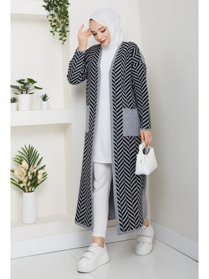 Pamuk Butik Zebra Desenli Çelik Örgü Cepli Triko Hırka