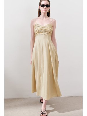 MANUKA Sarı Büzgü Detaylı Askılı Elbise Pastel