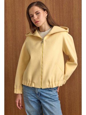 Olcay Sarı Kapüşonlu Beli Lastikli Oversize Kısa Kaban