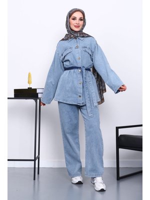 İmaj Butik Açık Mavi Bel Kuşaklı Pantolonlu Kot Takım