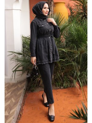 İmaj Butik Siyah Taş İşlemeli Ceket Pantolonlu Kot Takım