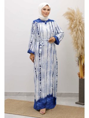 Tesettür Dünyası İndigo Batik Desenli Viskon Elbise